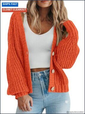 Chunky Knit Open Front Cardigan Sweater V Neck Button Loose Short Outerwear